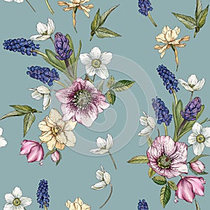 Floral seamless pattern with watercolor narcissus, muscari and hellebore