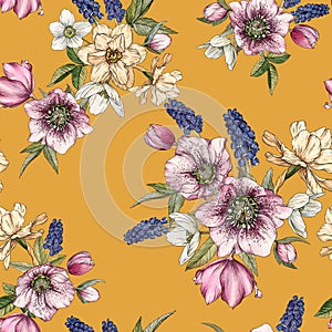 Floral seamless pattern with watercolor narcissus, muscari and hellebore