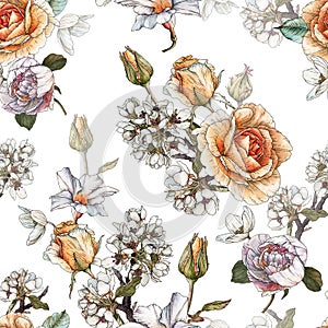 Floral seamless pattern with watercolor orange roses, penies and white flowers