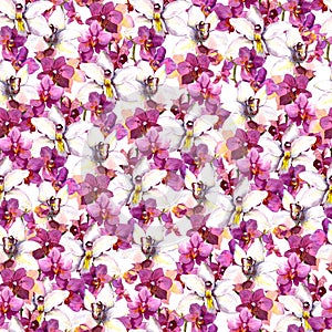 Floral seamless pattern with watercolor orchid flowers on white background
