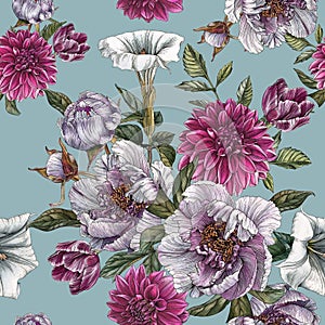 Floral seamless pattern with watercolor peonies, datura flower, dahlias and tulips