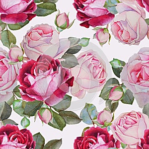 Floral seamless pattern with watercolor pink and purple roses.