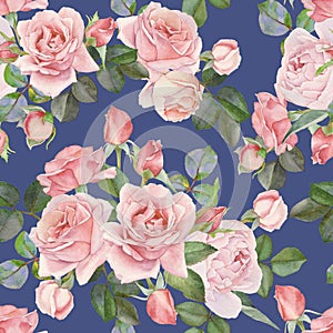 Floral seamless pattern with watercolor pink roses on the blue background