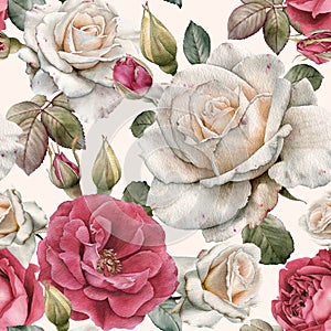 Floral seamless pattern with watercolor pink and white roses and pink peonies