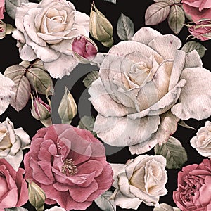 Floral seamless pattern with watercolor pink and white roses and pink peonies