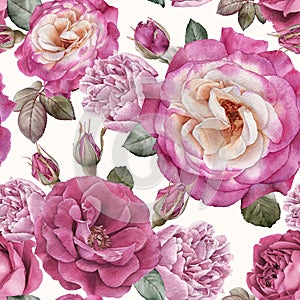 Floral seamless pattern with watercolor purple roses and pink peonies