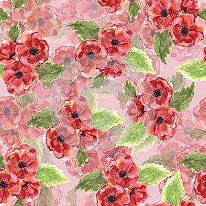 Floral seamless pattern with watercolor red flowers poppy.