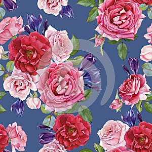 Floral seamless pattern with watercolor red and pink roses and crocuses photo