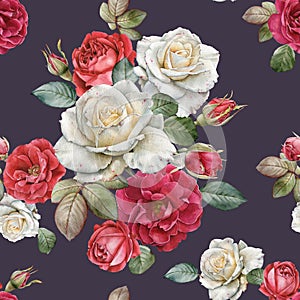 Floral seamless pattern with watercolor roses and leaves