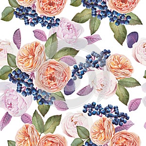 Floral seamless pattern with watercolor roses and peonies