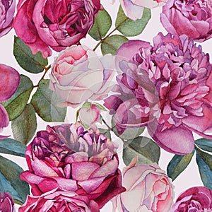 Floral seamless pattern with watercolor roses and peonies.