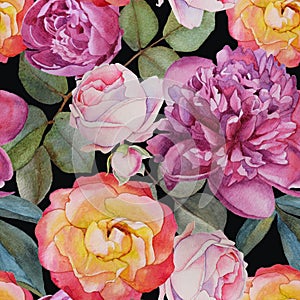 Floral seamless pattern with watercolor roses and peonies