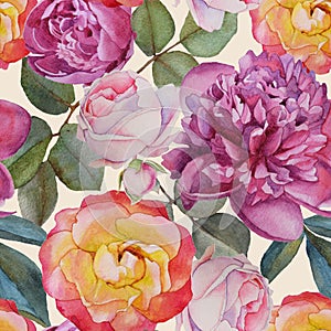 Floral seamless pattern with watercolor roses and peonies