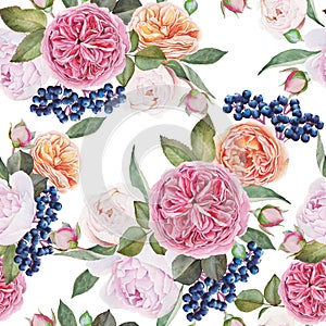 Floral seamless pattern with watercolor roses, peonies, black rowan berries.