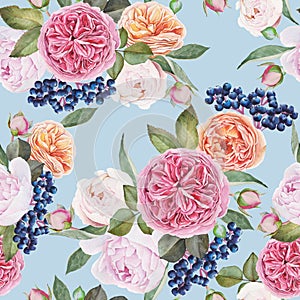 Floral seamless pattern with watercolor roses, peonies, black rowan berries on blue background