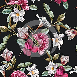 Floral seamless pattern with watercolor roses, peonies, tulips and white flowers