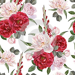 Floral seamless pattern with watercolor roses, white peonies and gladiolus flowers