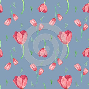 floral seamless pattern with watercolor tulips on neutral background