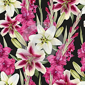 Floral seamless pattern with watercolor white lilies and pink gladiolus flowers