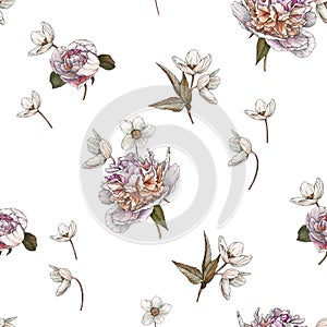 Floral seamless pattern with watercolor white peonies and anemones