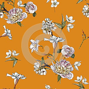 Floral seamless pattern with watercolor white peonies and anemones