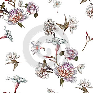 Floral seamless pattern with watercolor white peonies and anemones