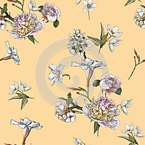 Floral seamless pattern with watercolor white peonies and anemones