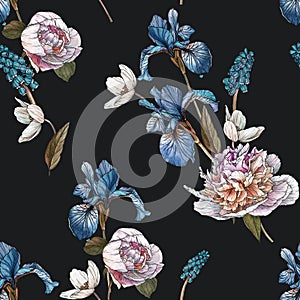 Floral seamless pattern with watercolor white peonies, anemones and blue irises