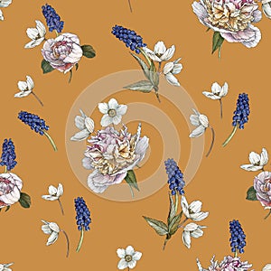Floral seamless pattern with watercolor white peonies, anemones and muscari