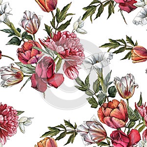 Floral seamless pattern with watercolor white peonies, anemones, red roses and tulips