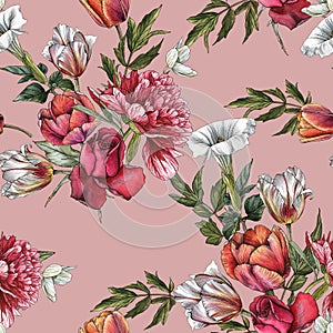 Floral seamless pattern with watercolor white peonies, anemones, red roses and tulips