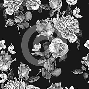 Floral seamless pattern with watercolor white peonies, anemones and roses. Monochrome