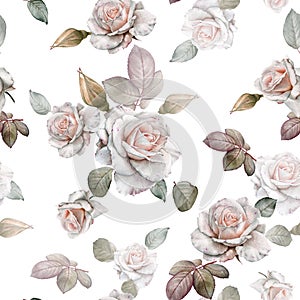 Floral seamless pattern with watercolor white roses and pink peonies