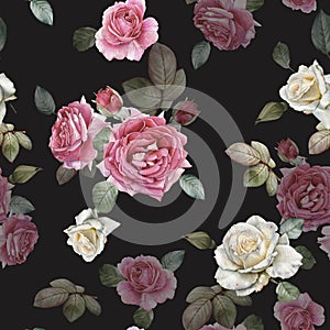 Floral seamless pattern with watercolor white roses and pink peonies