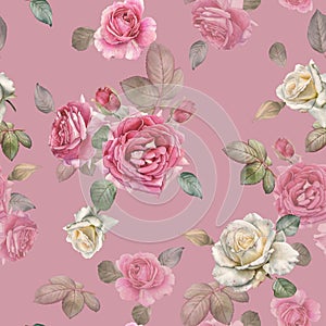 Floral seamless pattern with watercolor white roses and pink peonies