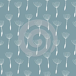 Floral seamless pattern with white dandelion seeds on blue background.