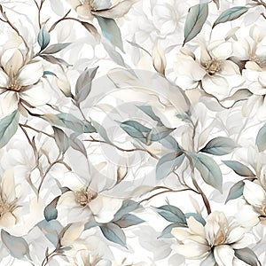 Floral seamless pattern with white flowers. Botanical background. AI Illustration. For wallpaper, prints, fabric design