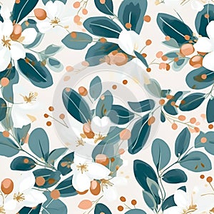 Floral seamless pattern with white flowers. Botanical background. AI Illustration. For wallpaper, prints, fabric design