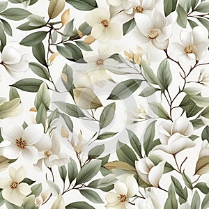 Floral seamless pattern with white flowers. Botanical background. AI Illustration. For wallpaper, prints, fabric design