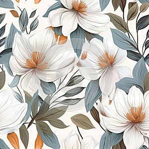 Floral seamless pattern with white flowers. Botanical background. AI Illustration. For wallpaper, prints, fabric design