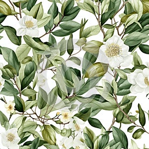 Floral seamless pattern with white flowers. Botanical background. AI Illustration. For wallpaper, prints, fabric design