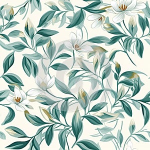 Floral seamless pattern with white flowers. Botanical background. AI Illustration. For wallpaper, prints, fabric design