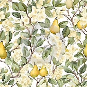 Floral seamless pattern with white flowers. Botanical background. AI Illustration. For wallpaper, prints, fabric design