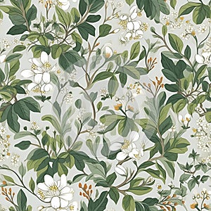 Floral seamless pattern with white flowers. Botanical background. AI Illustration. For wallpaper, prints, fabric design