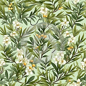 Floral seamless pattern with white flowers. Botanical background. AI Illustration. For wallpaper, prints, fabric design