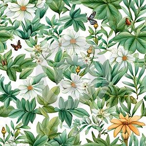 Floral seamless pattern with white flowers. Botanical background. AI Illustration. For wallpaper, prints, fabric design