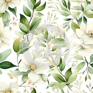 Floral seamless pattern with white flowers. Botanical background. AI Illustration. For wallpaper, prints, fabric design