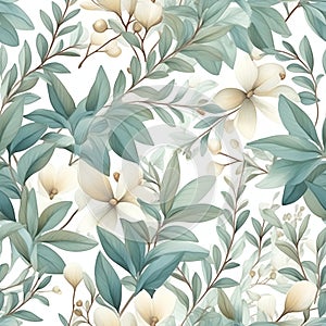 Floral seamless pattern with white flowers. Botanical background. AI Illustration. For wallpaper, prints, fabric design