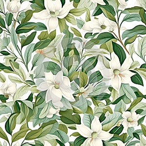 Floral seamless pattern with white flowers. Botanical background. AI Illustration. For wallpaper, prints, fabric design