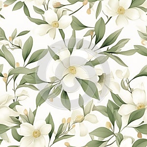 Floral seamless pattern with white flowers. Botanical background. AI Illustration. For wallpaper, prints, fabric design